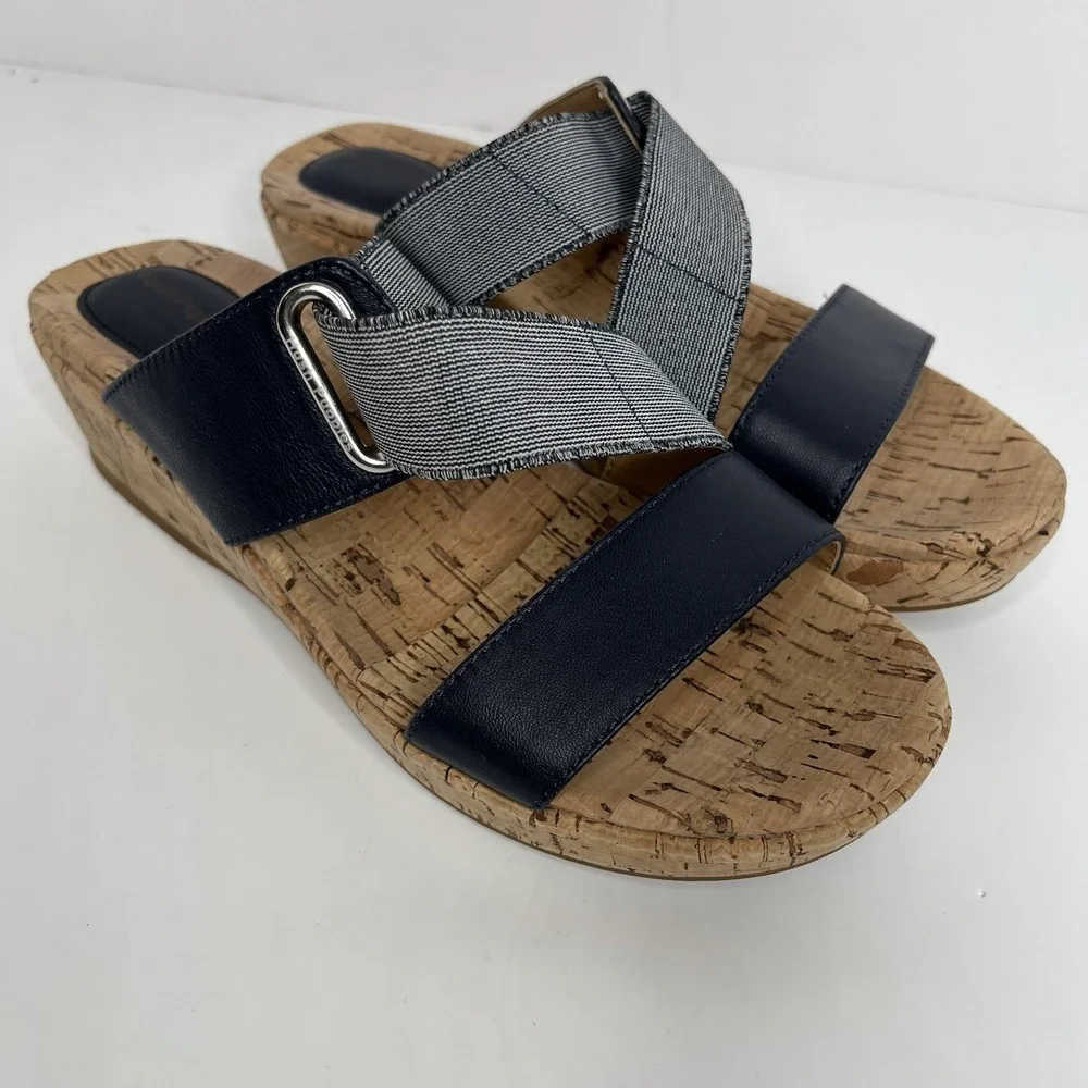 Hush Puppies Bounce Sandals Navy 6.5 M Leather Cork Wedge‎ Heel Stretch Comfort